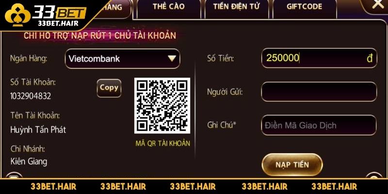 Nạp tiền 33BET qua tài khoản ngân hàng