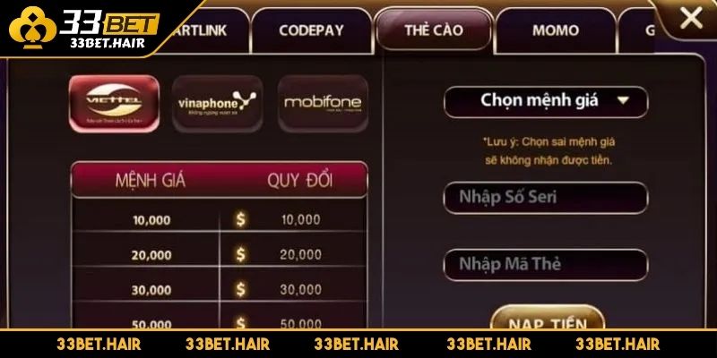 Nạp tiền 33BET qua thẻ cào